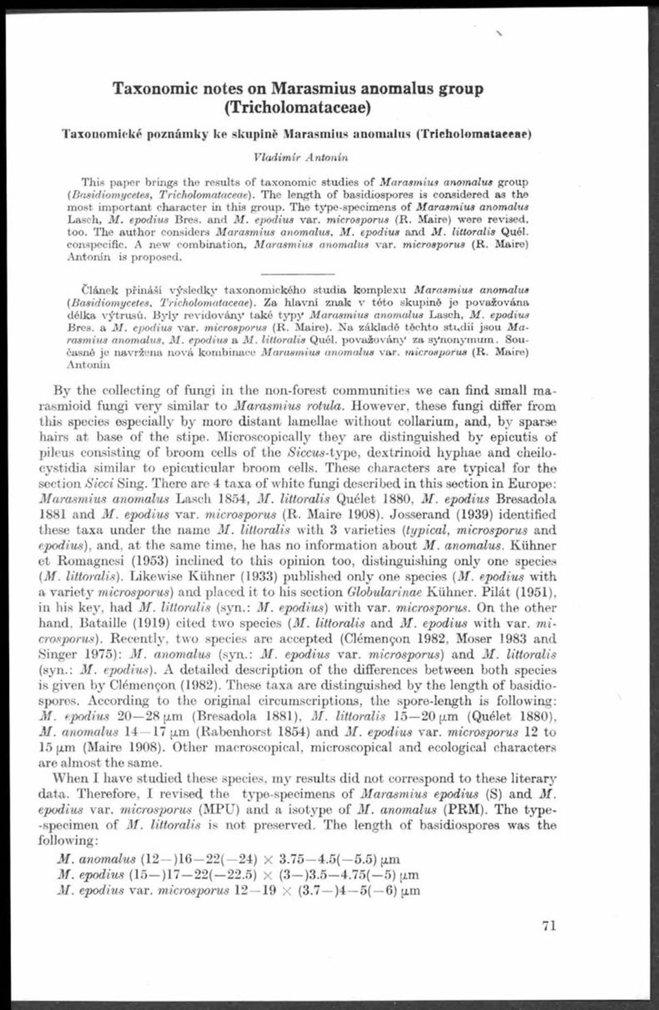 The type-specim ens of M arasm ius anomalus Lasch, M. epodius Bres. and M. epodius var. microsporus (R. Maire) were revised, too. The author considers M arasm ius anom alus, M. epodius and M.