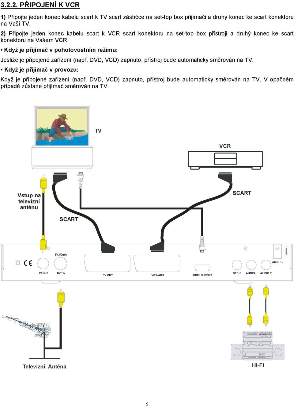 Když je přijímač v pohotovostním režimu: Jesliže je připojené zařízení (např. DVD, VCD) zapnuto, přístroj bude automaticky směrován na TV.