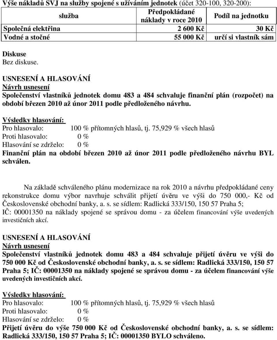 Finanční plán na období březen 2010 až únor 2011 podle předloženého návrhu BYL schválen.