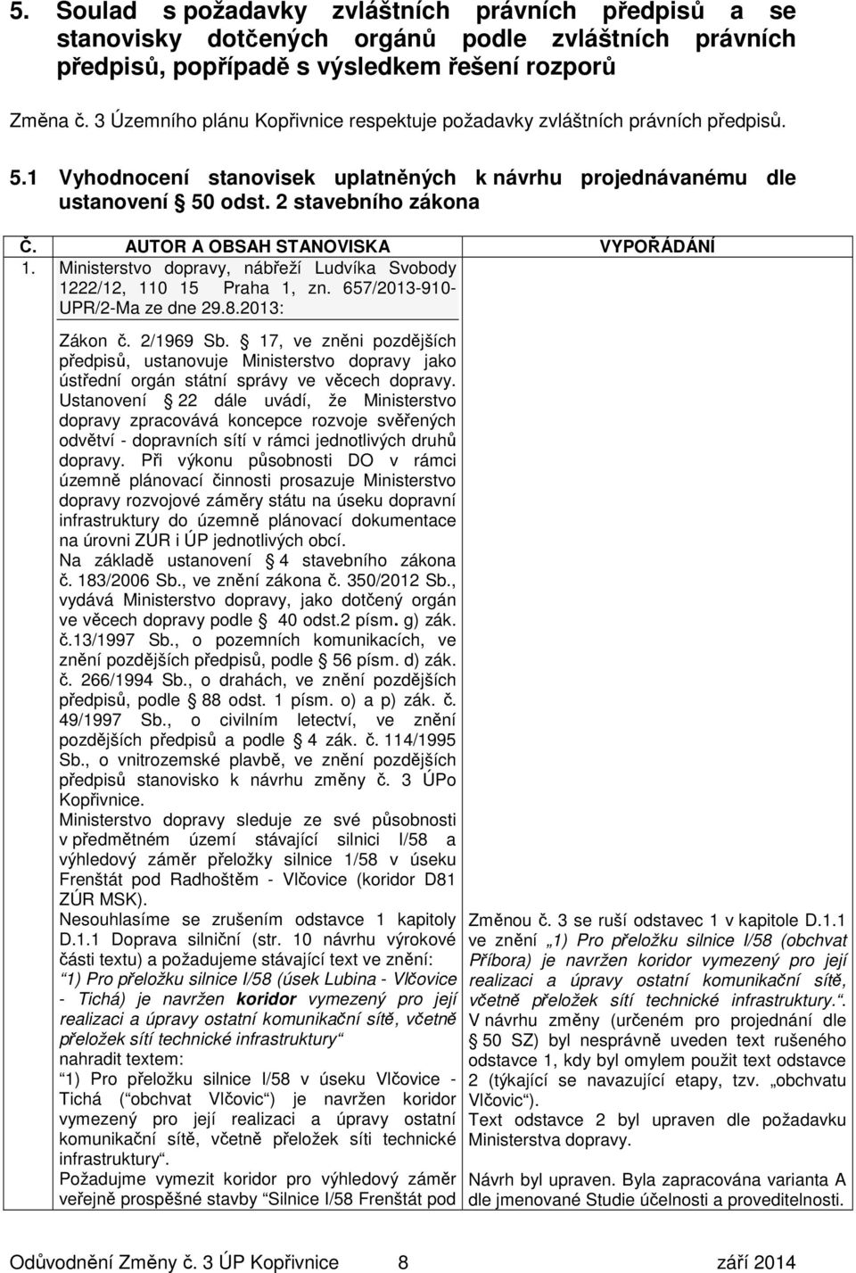 AUTOR A OBSAH STANOVISKA VYPOŘÁDÁNÍ 1. Ministerstvo dopravy, nábřeží Ludvíka Svobody 1222/12, 110 15 Praha 1, zn. 657/2013-910- UPR/2-Ma ze dne 29.8.2013: Zákon č. 2/1969 Sb.