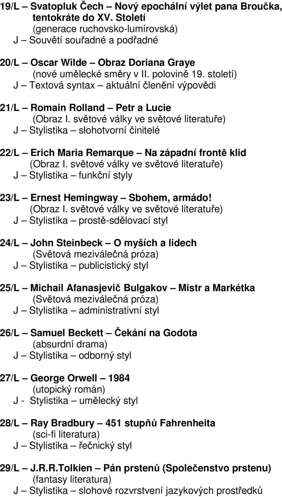 století) J Textová syntax aktuální členění výpovědi 21/L Romain Rolland Petr a Lucie J Stylistika slohotvorní činitelé 22/L Erich Maria Remarque Na západní frontě klid J Stylistika funkční styly 23/L