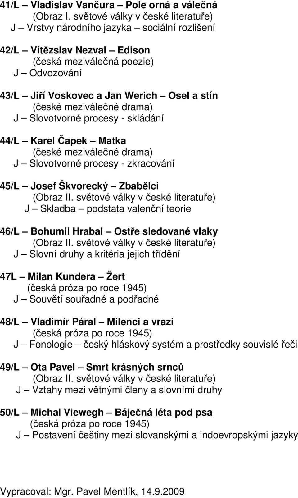 Slovotvorné procesy - skládání 44/L Karel Čapek Matka J Slovotvorné procesy - zkracování 45/L Josef Škvorecký Zbabělci J Skladba podstata valenční teorie 46/L Bohumil Hrabal Ostře sledované vlaky J