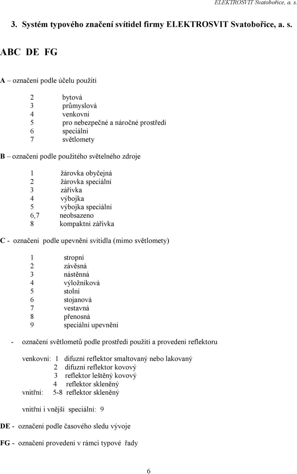 ABC DE FG A označení podle účelu použití 2 bytová 3 průmyslová 4 venkovní 5 pro nebezpečné a náročné prostředí 6 speciální 7 světlomety B označení podle použitého světelného zdroje 1 žárovka obyčejná