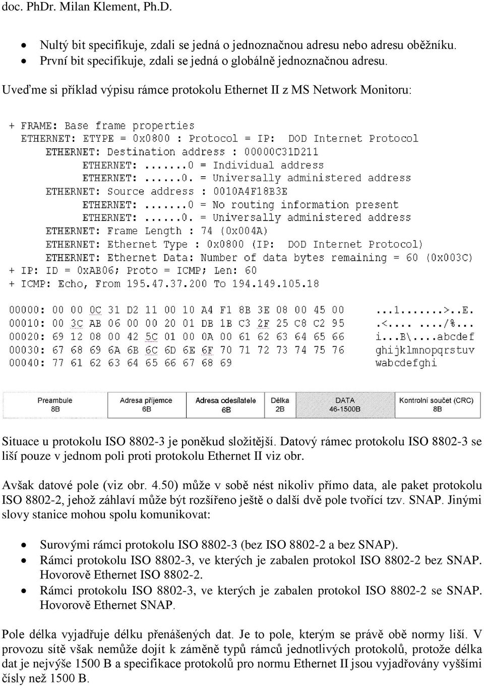 Datový rámec protokolu ISO 8802-3 se liší pouze v jednom poli proti protokolu Ethernet II viz obr. Avšak datové pole (viz obr. 4.