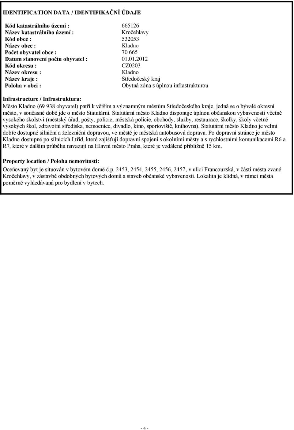 01.2012 Kód okresu : CZ0203 Název okresu : Kladno Název kraje : Středočeský kraj Poloha v obci : Obytná zóna s úplnou infrastrukturou Infrastructure / Infrastruktura: Město Kladno (69 938 obyvatel)