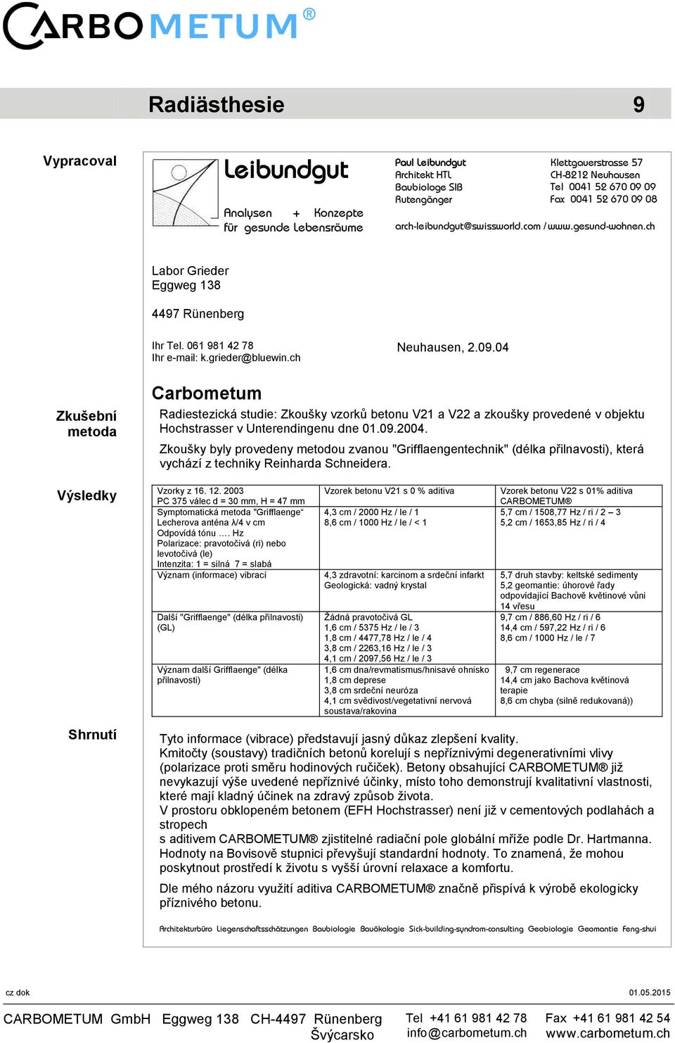 09.2004. Zkoušky byly provedeny metodou zvanou "Grifflaengentechnik" (délka přilnavosti), která vychází z techniky Reinharda Schneidera. Výsledky Vzorky z 16. 12.