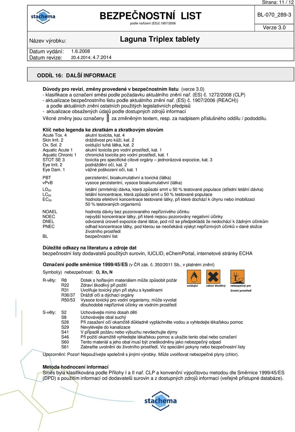 1907/2006 (REACH)) a podle aktuálních znění ostatních použitých legislativních předpisů - aktualizace obsažených údajů podle dostupných zdrojů informací Věcné změny jsou označeny za změněným textem,