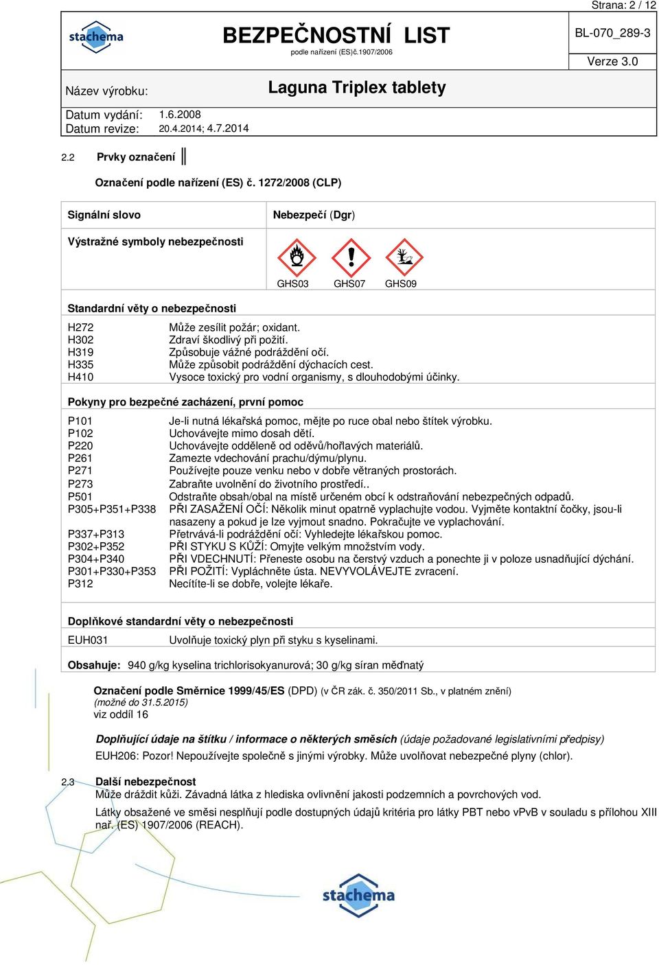H319 Způsobuje vážné podráždění očí. H335 Může způsobit podráždění dýchacích cest. H410 Vysoce toxický pro vodní organismy, s dlouhodobými účinky.