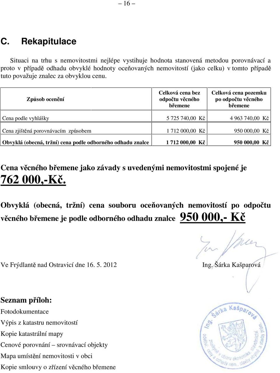 Způsob ocenění Celková cena bez odpočtu věcného břemene Celková cena pozemku po odpočtu věcného břemene Cena podle vyhlášky 5 725 740,00 Kč 4 963 740,00 Kč Cena zjištěná porovnávacím způsobem 1 712