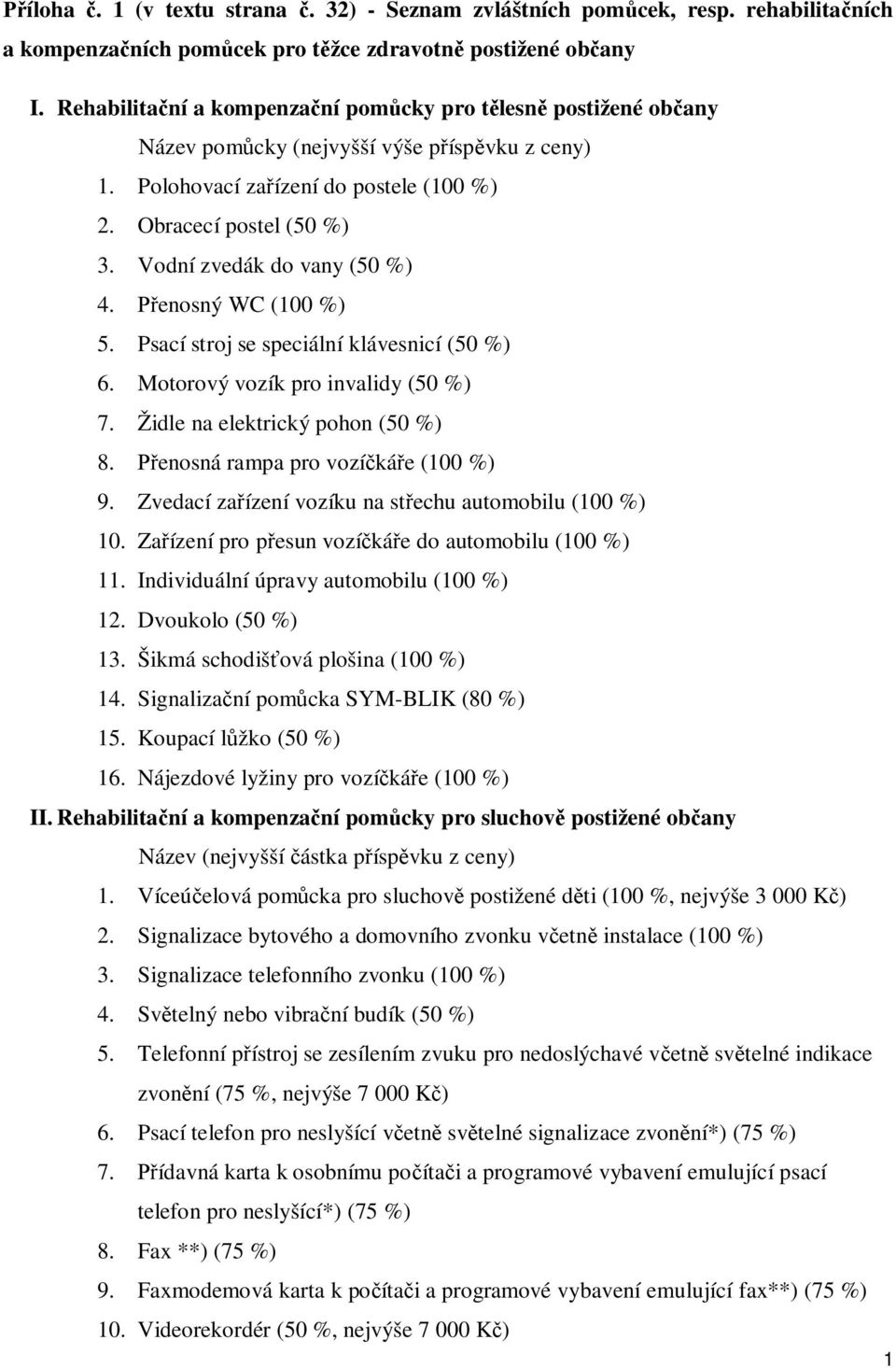 Vodní zvedák do vany (50 %) 4. enosný WC (100 %) 5. Psací stroj se speciální klávesnicí (50 %) 6. Motorový vozík pro invalidy (50 %) 7. Židle na elektrický pohon (50 %) 8.