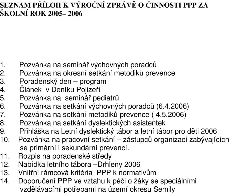 Pozvánka na setkání dyslektických asistentek 9. Přihláška na Letní dyslektický tábor a letní tábor pro děti 2006 10.