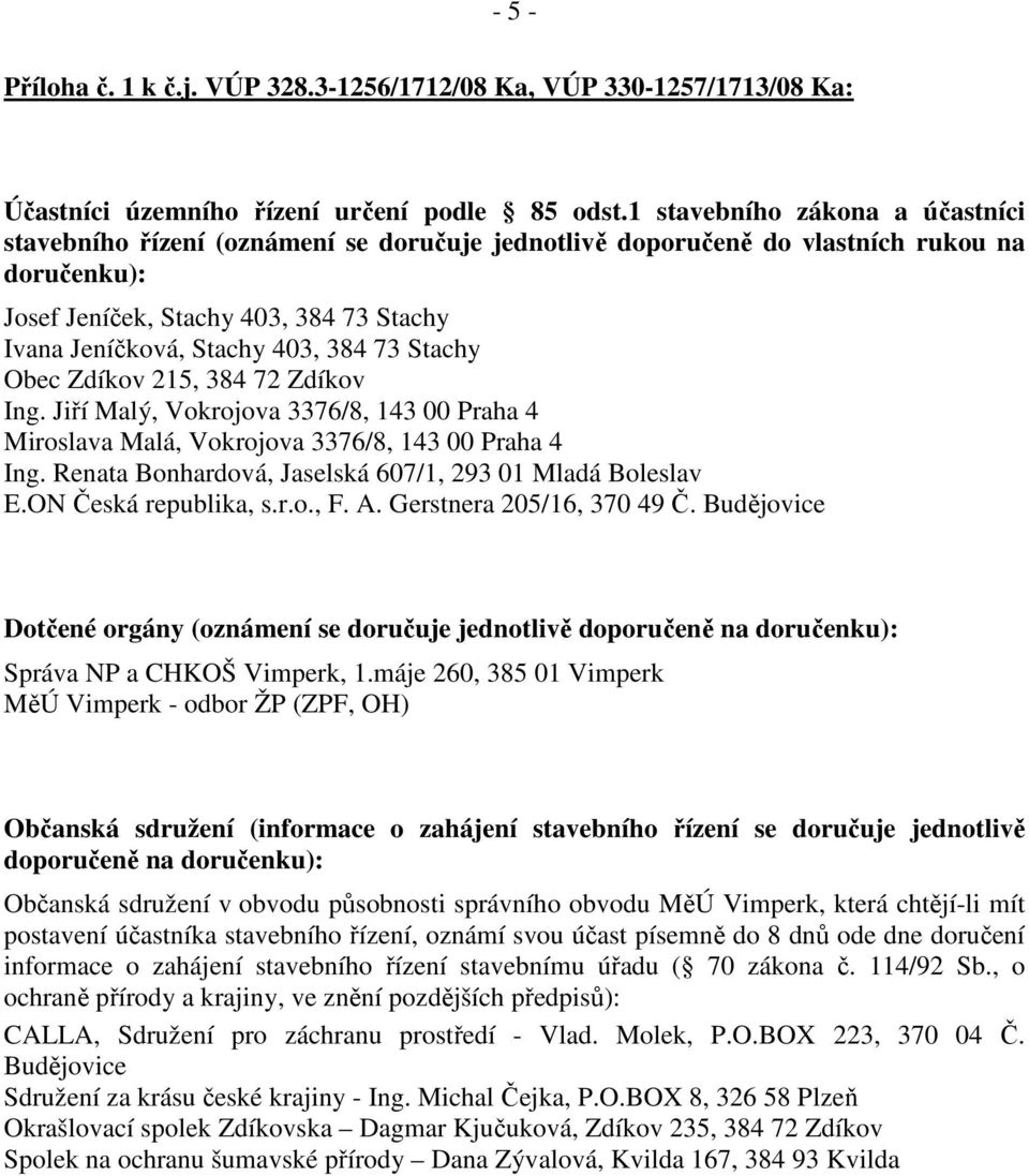 384 73 Stachy Obec Zdíkov 215, 384 72 Zdíkov Ing. Jiří Malý, Vokrojova 3376/8, 143 00 Praha 4 Miroslava Malá, Vokrojova 3376/8, 143 00 Praha 4 Ing.