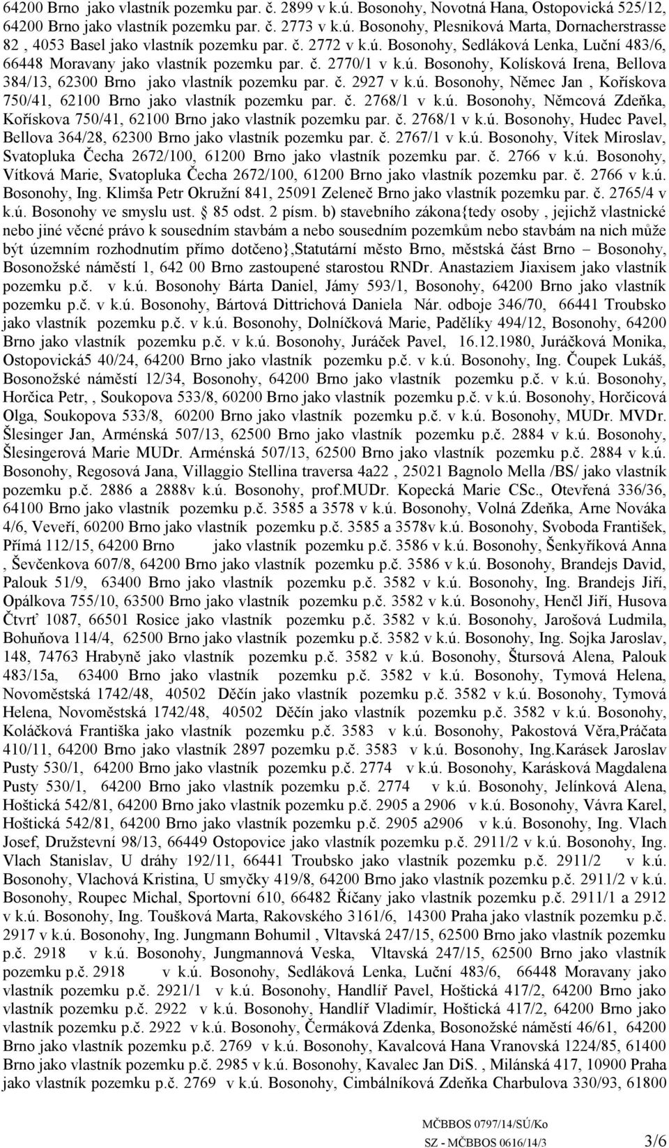 ú. Bosonohy, Němec Jan, Kořískova 750/41, 62100 Brno jako vlastník pozemku par. č. 2768/1 v k.ú. Bosonohy, Němcová Zdeňka, Kořískova 750/41, 62100 Brno jako vlastník pozemku par. č. 2768/1 v k.ú. Bosonohy, Hudec Pavel, Bellova 364/28, 62300 Brno jako vlastník pozemku par.