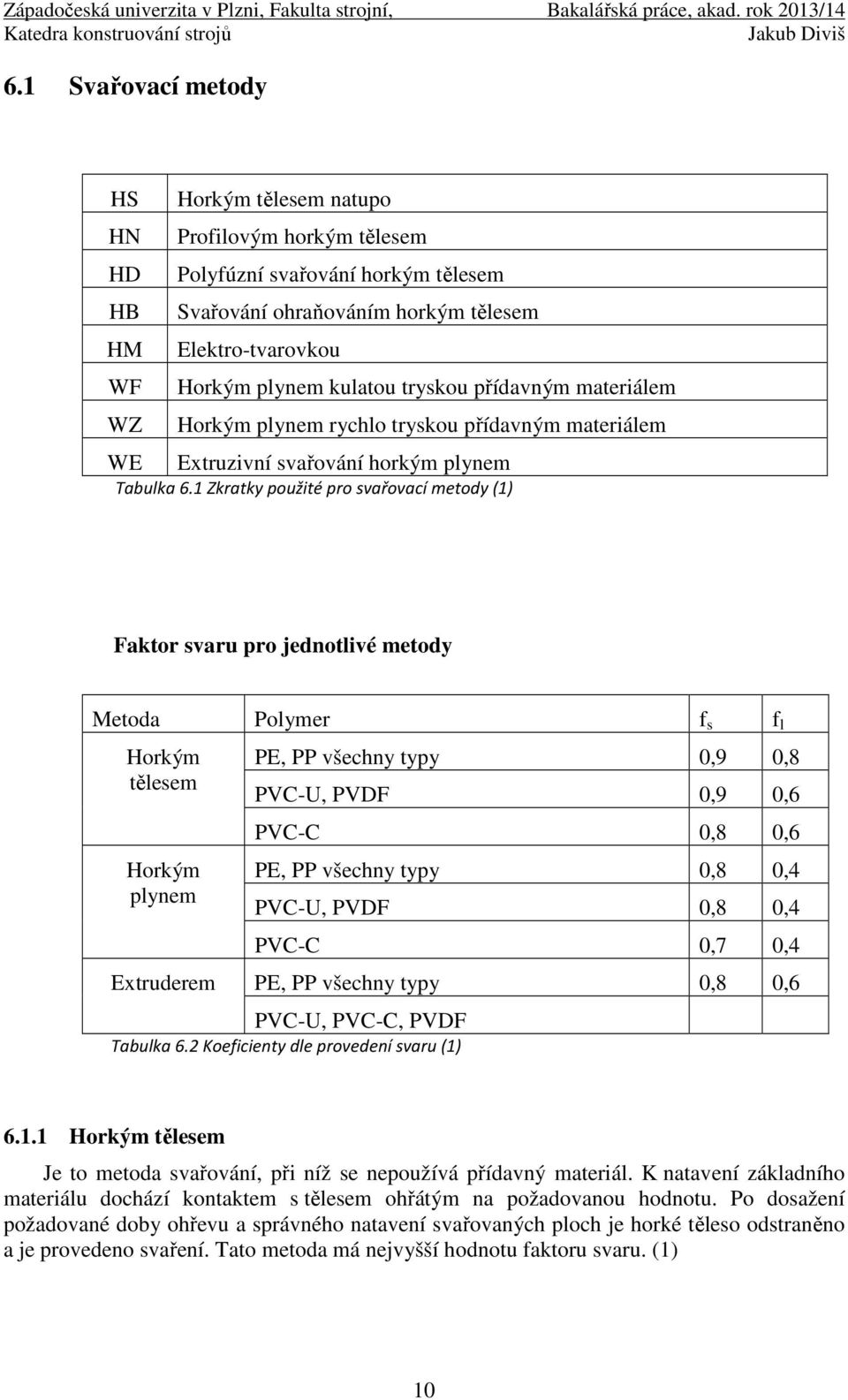 1 Zkratky použité pro svařovací metody (1) Faktor svaru pro jednotlivé metody Metoda Polymer f s f l Horkým tělesem Horkým plynem PE, PP všechny typy 0,9 0,8 PVC-U, PVDF 0,9 0,6 PVC-C 0,8 0,6 PE, PP