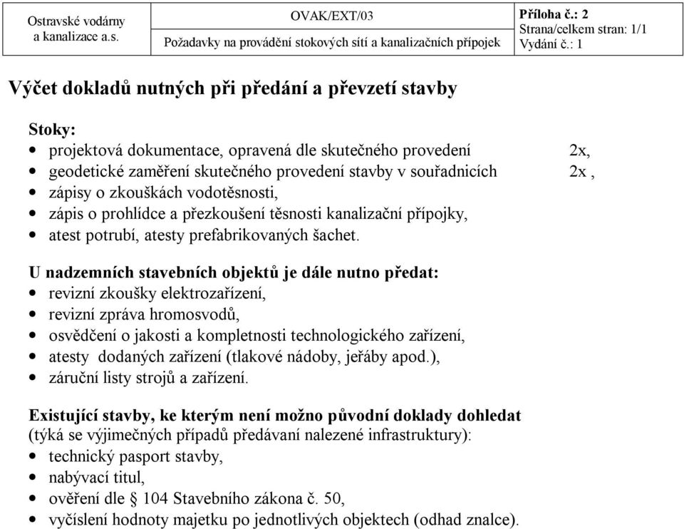 o zkouškách vodotěsnosti, zápis o prohlídce a přezkoušení těsnosti kanalizační přípojky, atest potrubí, atesty prefabrikovaných šachet.