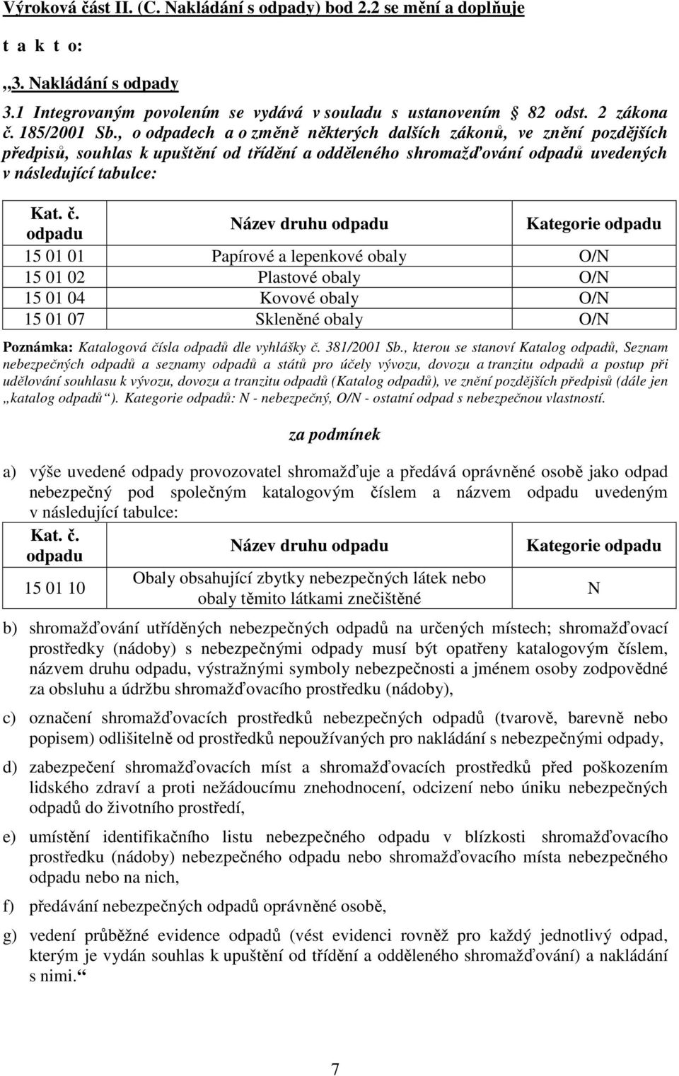 odpadu Název druhu odpadu Kategorie odpadu 15 01 01 Papírové a lepenkové obaly O/N 15 01 02 Plastové obaly O/N 15 01 04 Kovové obaly O/N 15 01 07 Skleněné obaly O/N Poznámka: Katalogová čísla odpadů