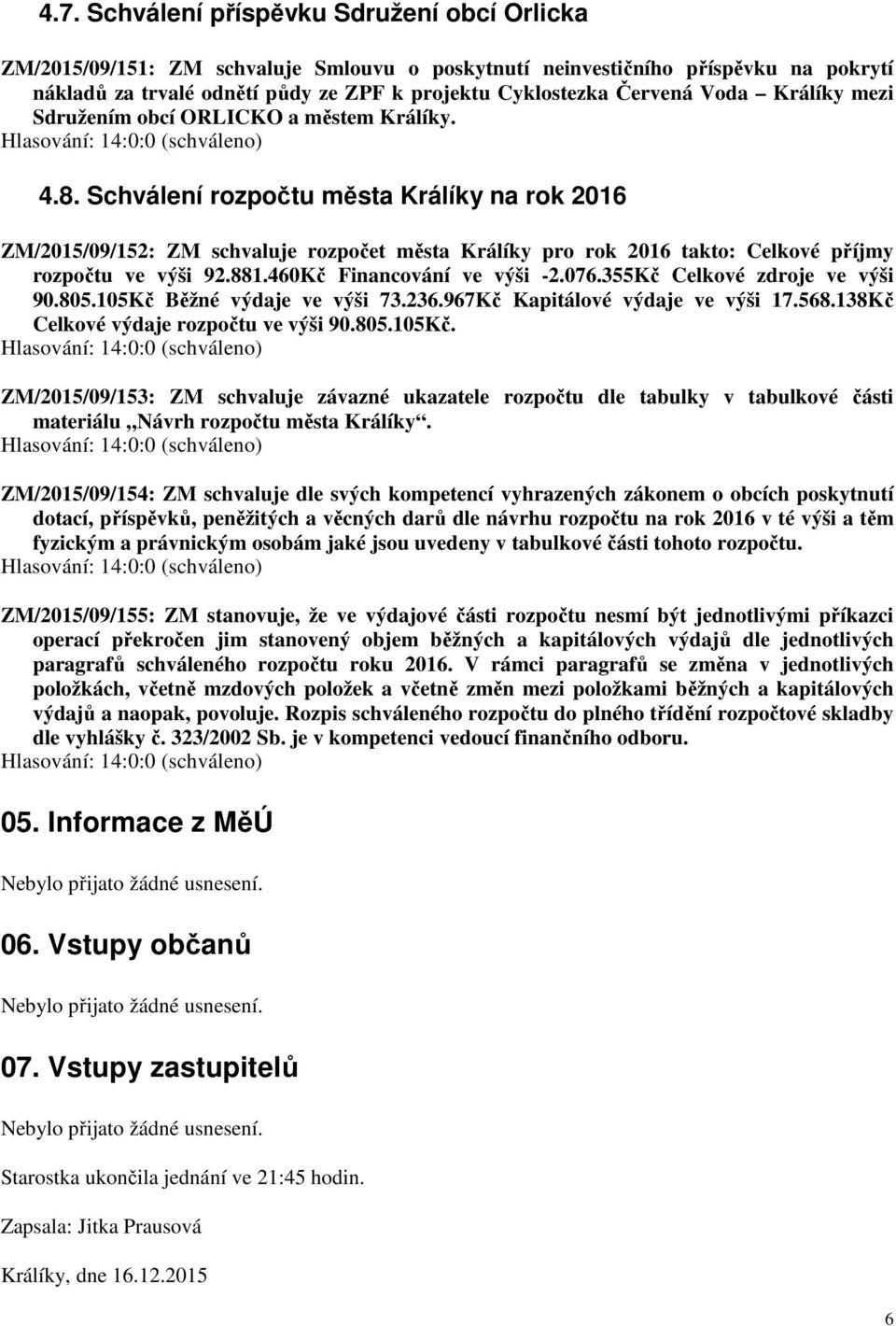 Schválení rozpočtu města Králíky na rok 2016 ZM/2015/09/152: ZM schvaluje rozpočet města Králíky pro rok 2016 takto: Celkové příjmy rozpočtu ve výši 92.881.460Kč Financování ve výši -2.076.