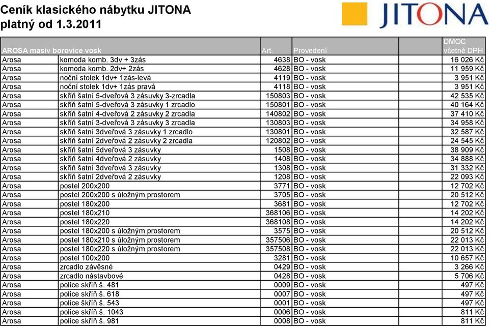 150803 BO - vosk 42 535 Kč Arosa skříň šatní 5-dveřová 3 zásuvky 1 zrcadlo 150801 BO - vosk 40 164 Kč Arosa skříň šatní 4-dveřová 2 zásuvky 2 zrcadla 140802 BO - vosk 37 410 Kč Arosa skříň šatní