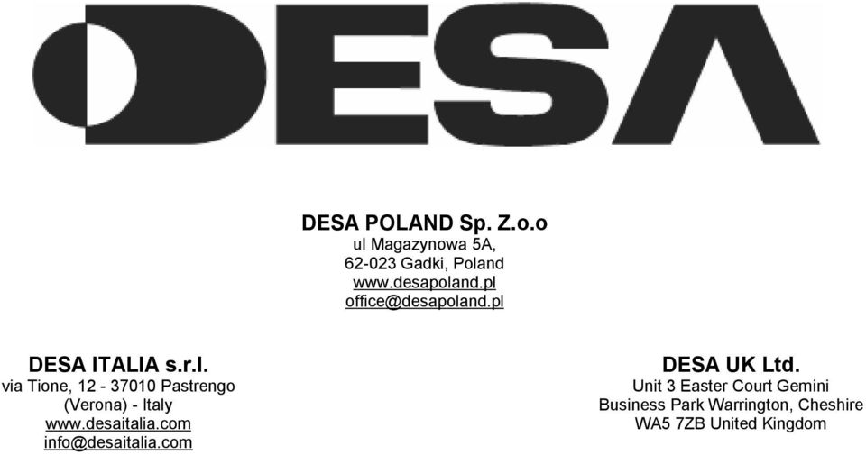 desaitalia.com info@desaitalia.com DESA UK Ltd.