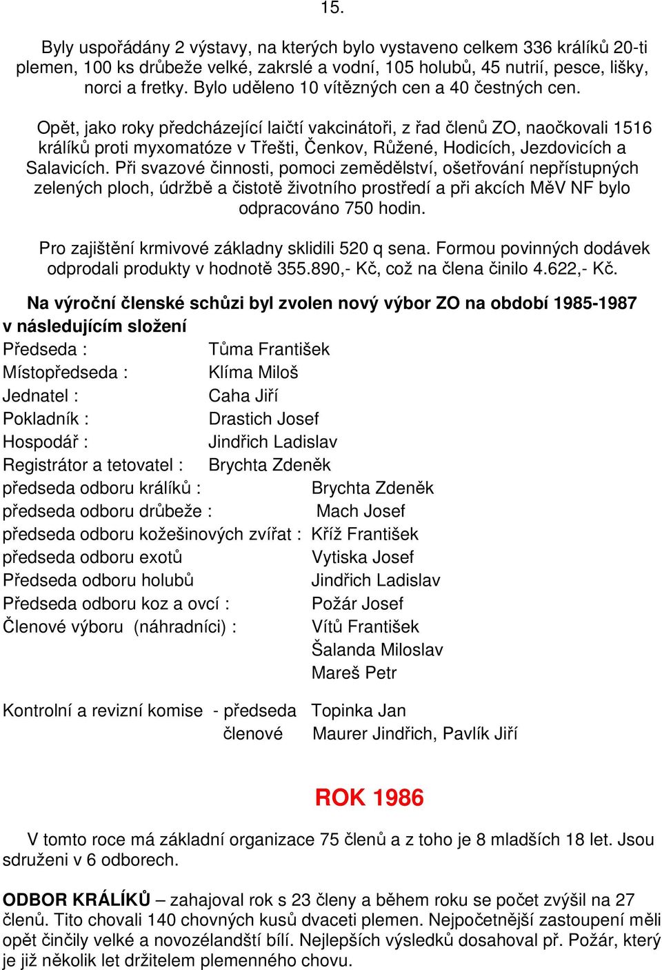 Opět, jako roky předcházející laičtí vakcinátoři, z řad členů ZO, naočkovali 1516 králíků proti myxomatóze v Třešti, Čenkov, Růžené, Hodicích, Jezdovicích a Salavicích.