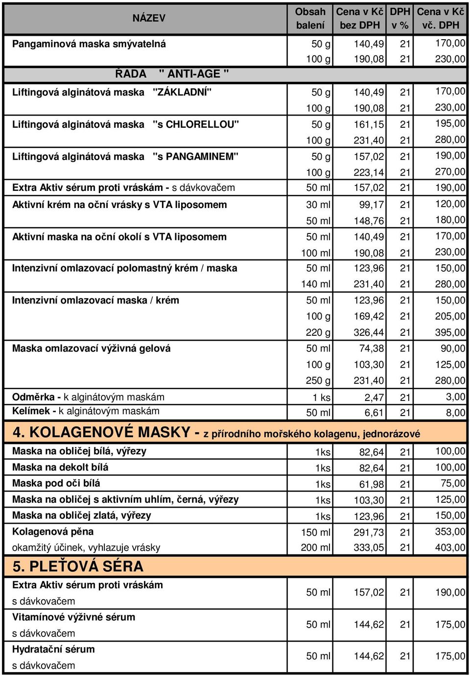 161,15 195,00 100 g 231,40 280,00 Liftingová alginátová maska "s PANGAMINEM" 50 g 157,02 190,00 100 g 223,14 270,00 Extra Aktiv sérum proti vráskám - s dávkovačem 50 ml 157,02 190,00 Aktivní krém na