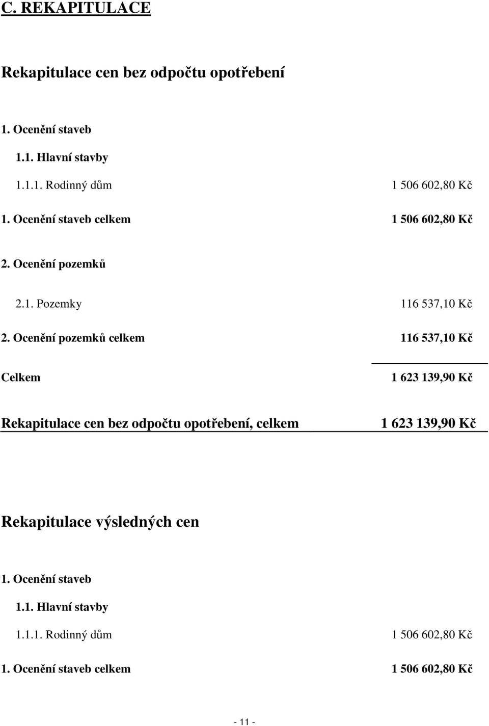 Ocenění pozemků celkem 116 537,10 Kč Celkem 1 623 139,90 Kč Rekapitulace cen bez odpočtu opotřebení, celkem 1 623 139,90