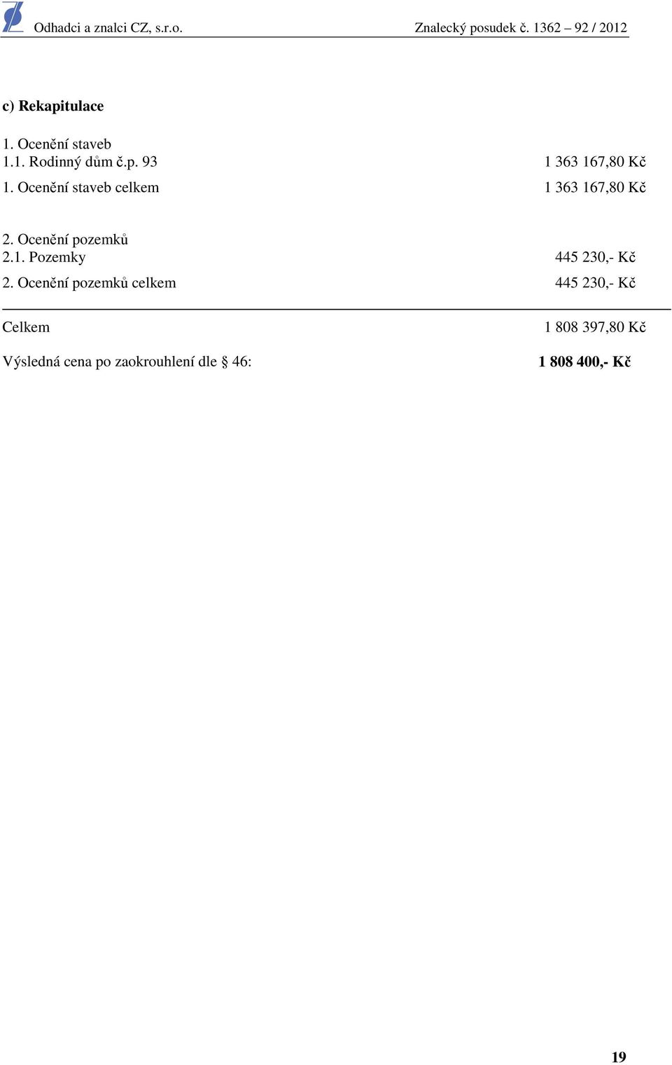 Ocenění pozemků celkem 445 230,- Kč Celkem Výsledná cena po