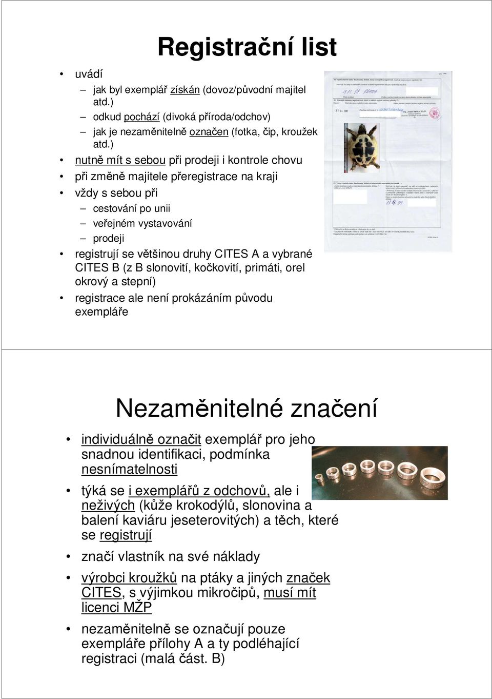 vybrané CITES B (z B slonovití, kočkovití, primáti, orel okrový a stepní) registrace ale není prokázáním původu exempláře Nezaměnitelné značení individuálně označit exemplář pro jeho snadnou