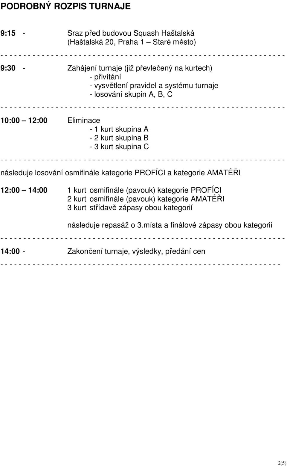 AMATÉŘI 12:00 14:00 1 kurt osmifinále (pavouk) kategorie PROFÍCI 2 kurt osmifinále (pavouk) kategorie AMATÉŘI 3 kurt střídavě zápasy obou kategorií následuje repasáž o 3.