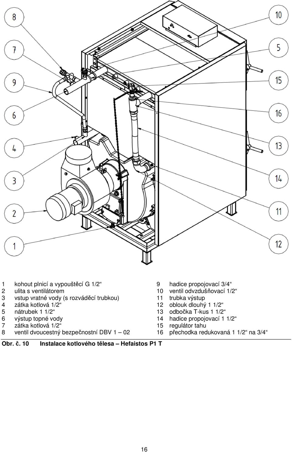 10 Instalace kotlového tělesa Hefaistos P1 T 9 hadice propojovací 3/4 10 ventil odvzdušňovací 1/2 11 trubka výstup 12