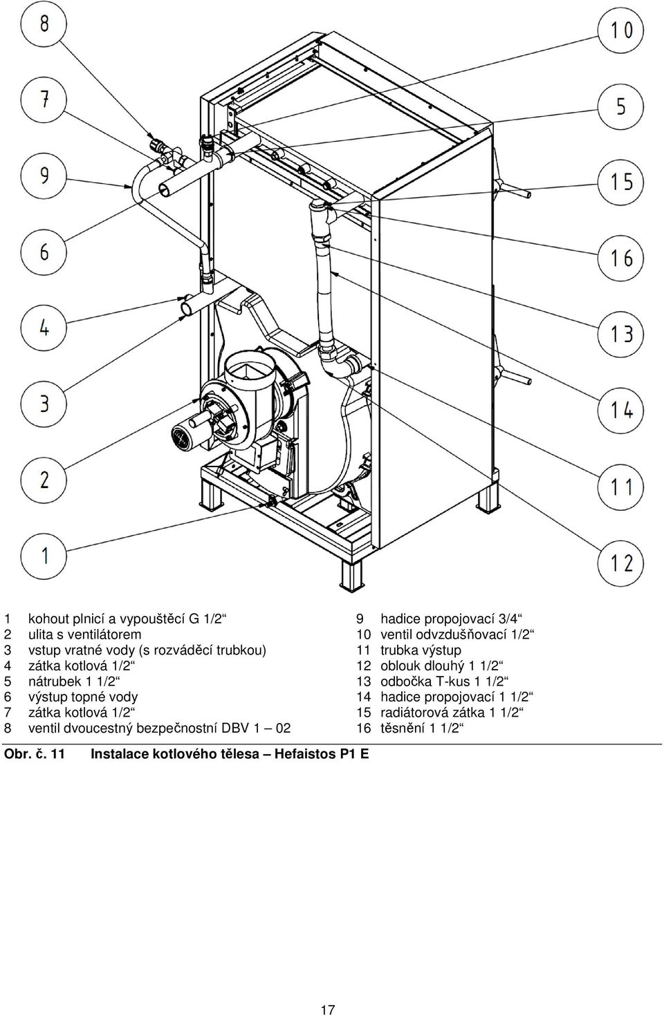 11 Instalace kotlového tělesa Hefaistos P1 E 9 hadice propojovací 3/4 10 ventil odvzdušňovací 1/2 11 trubka výstup