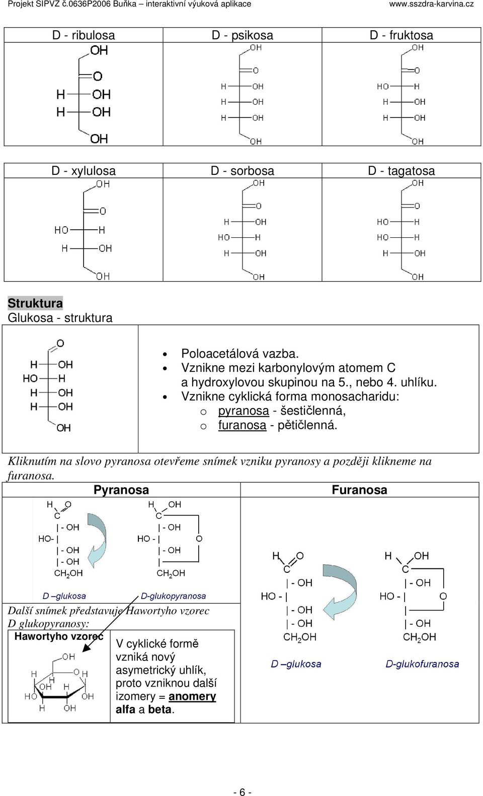 Vznikne cyklická forma monosacharidu: o pyranosa - šestičlenná, o furanosa - pětičlenná.