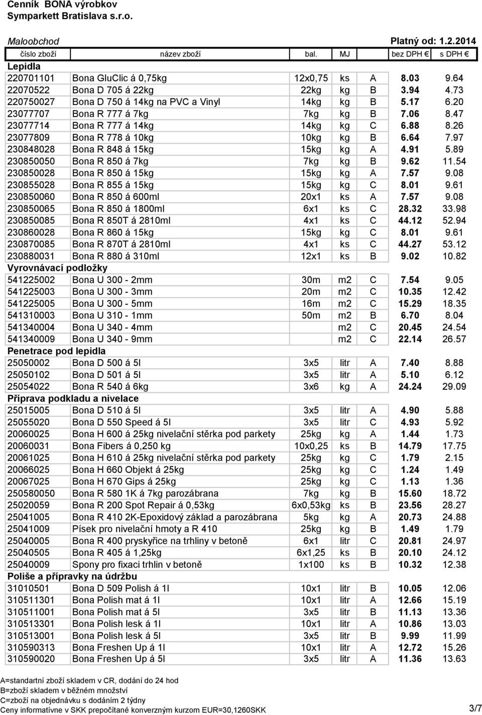 89 230850050 Bona R 850 á 7kg 7kg kg B 9.62 11.54 230850028 Bona R 850 á 15kg 15kg kg A 7.57 9.08 230855028 Bona R 855 á 15kg 15kg kg C 8.01 9.61 230850060 Bona R 850 á 600ml 20x1 ks A 7.57 9.08 230850065 Bona R 850 á 1800ml 6x1 ks C 28.