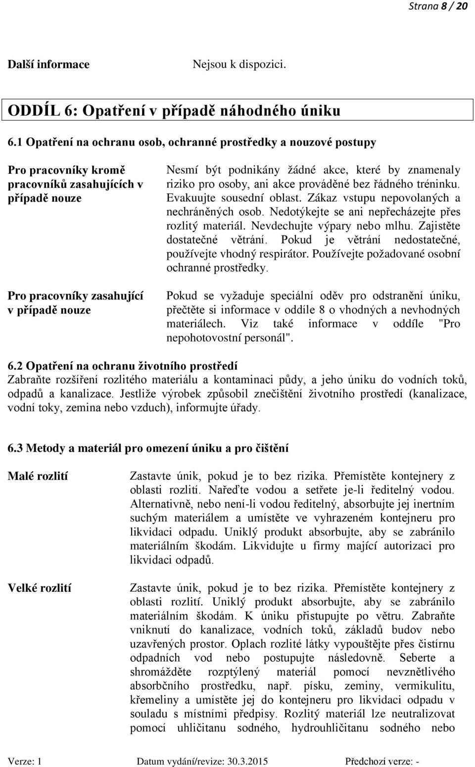 akce, které by znamenaly riziko pro osoby, ani akce prováděné bez řádného tréninku. Evakuujte sousední oblast. Zákaz vstupu nepovolaných a nechráněných osob.