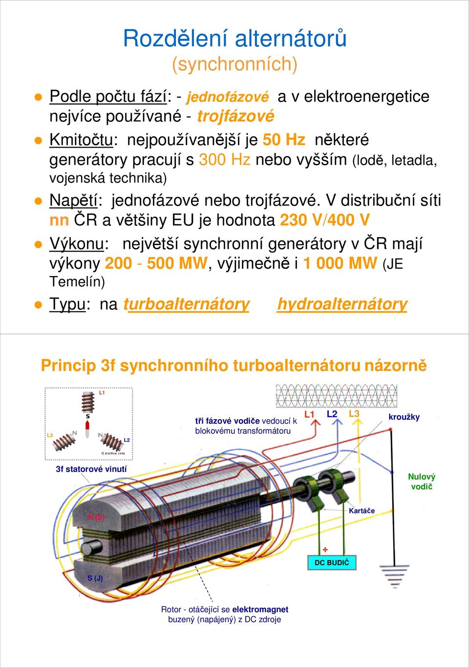 V distribuční síti nnčr a většiny EU je hodnota 230 V/400 V Výkonu: největší synchronní generátory v ČR mají výkony 200-500 MW, výjimečně i 1 000 MW (JE Temelín) Typu: na