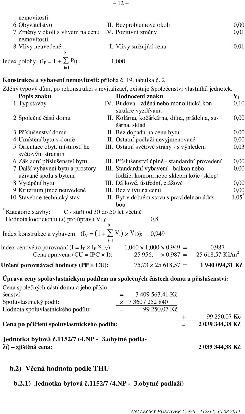 2 Zděný typový dům, po rekonstrukci s revitalizací, existuje Společenství vlastníků jednotek. Popis znaku Hodnocení znaku V i 1 Typ stavby IV.