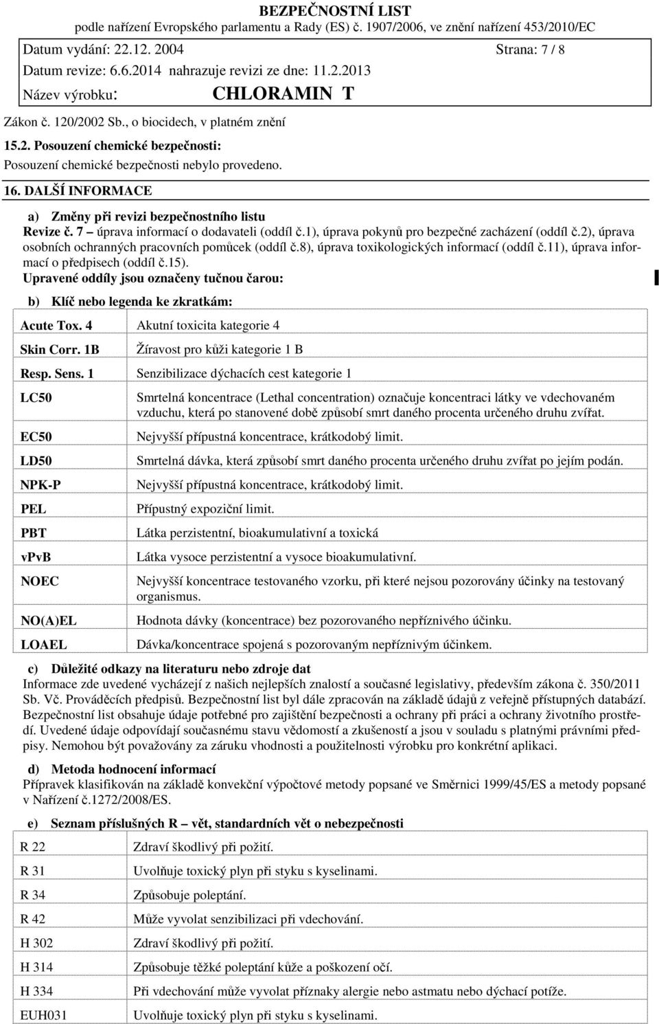 2), úprava osobních ochranných pracovních pomůcek (oddíl č.8), úprava toxikologických informací (oddíl č.11), úprava informací o předpisech (oddíl č.15).