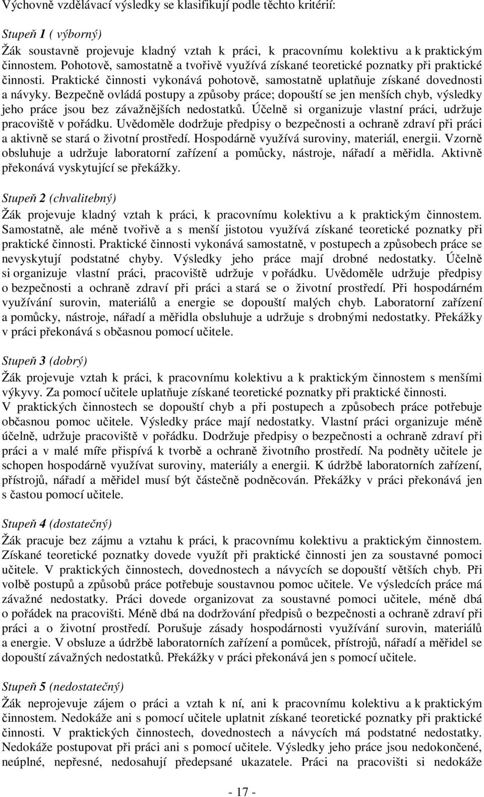 Bezpečně ovládá postupy a způsoby práce; dopouští se jen menších chyb, výsledky jeho práce jsou bez závažnějších nedostatků. Účelně si organizuje vlastní práci, udržuje pracoviště v pořádku.