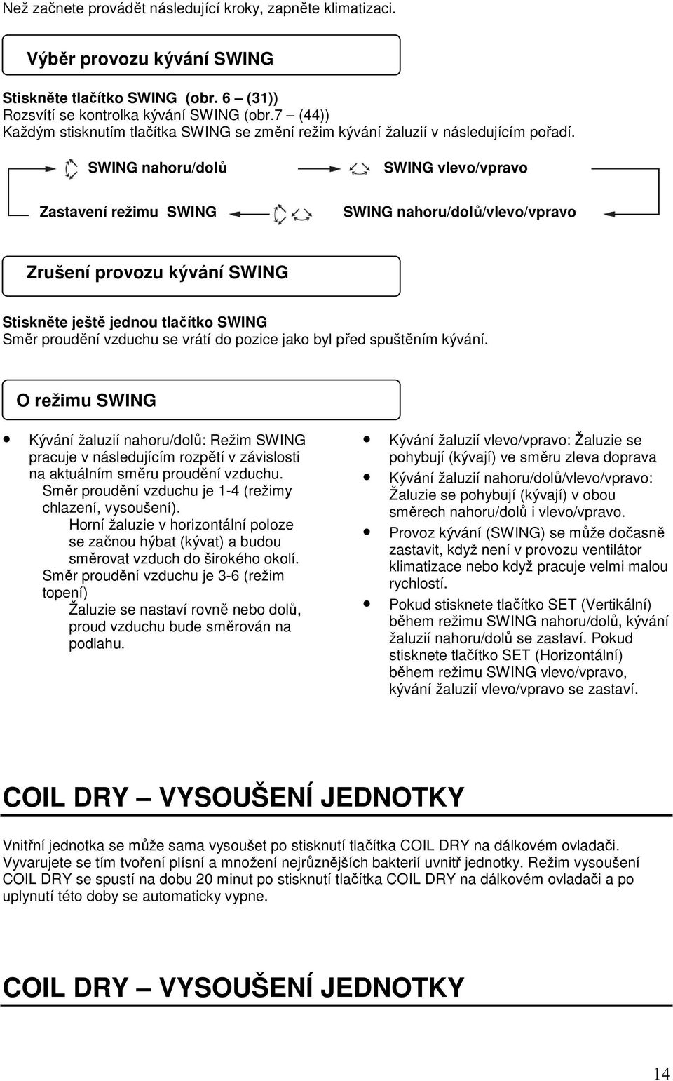 SWING nahoru/dolů SWING vlevo/vpravo Zastavení režimu SWING SWING nahoru/dolů/vlevo/vpravo Zrušení provozu kývání SWING Stiskněte ještě jednou tlačítko SWING Směr proudění vzduchu se vrátí do pozice