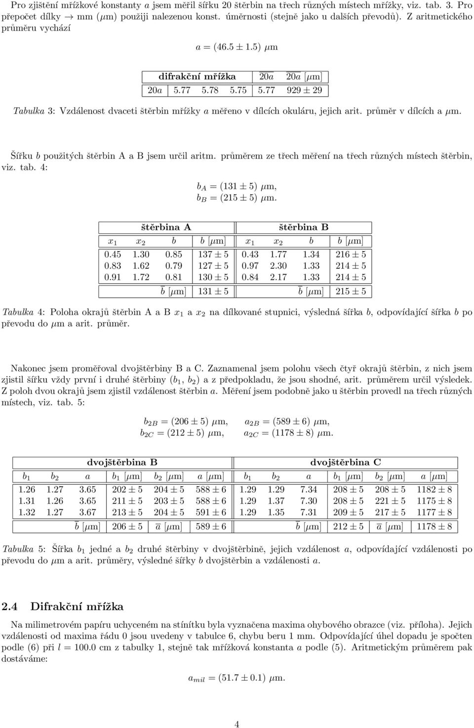 77 929 ± 29 Tabulka 3: Vzdálenost dvaceti štěrbin mřížky a měřeno v dílcích okuláru, jejich arit. průměr v dílcích a µm. Šířku b použitých štěrbin A a B jsem určil aritm.