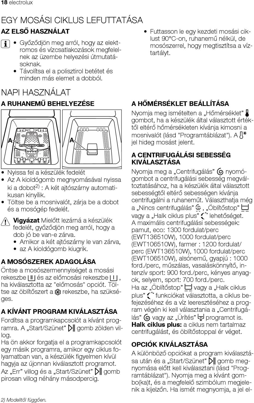 NAPI HASZNÁLAT A RUHANEM BEHELYEZÉSE A A Futtasson le egy kezdeti mosási ciklust 90 C-on, ruhanem nélkül, de mosószerrel, hogy megtisztítsa a víztartályt.