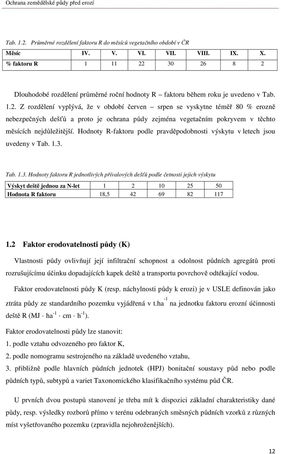 Hodnoty R-faktoru podle pravděpodobnosti výskytu v letech jsou uvedeny v Tab. 1.3.