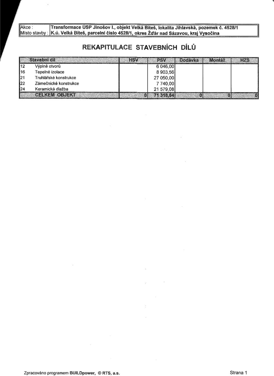 Dodávka Montáž HZ 8 1 112 Výplně otvorů 6 046,00 116 Tepelné izolace 8 903,56 121 Truhlářské konstrukce 27 050,00 122