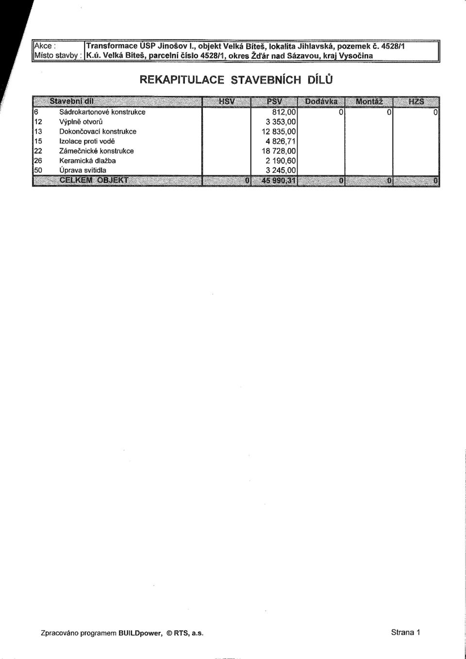 Dodávka Montáž HZS 6 Sádrokartonové konstrukce 812,00 0 0 0 12 Výpině otvorů 3 353,00 13 Dokončovací konstrukce 12 835,00 15