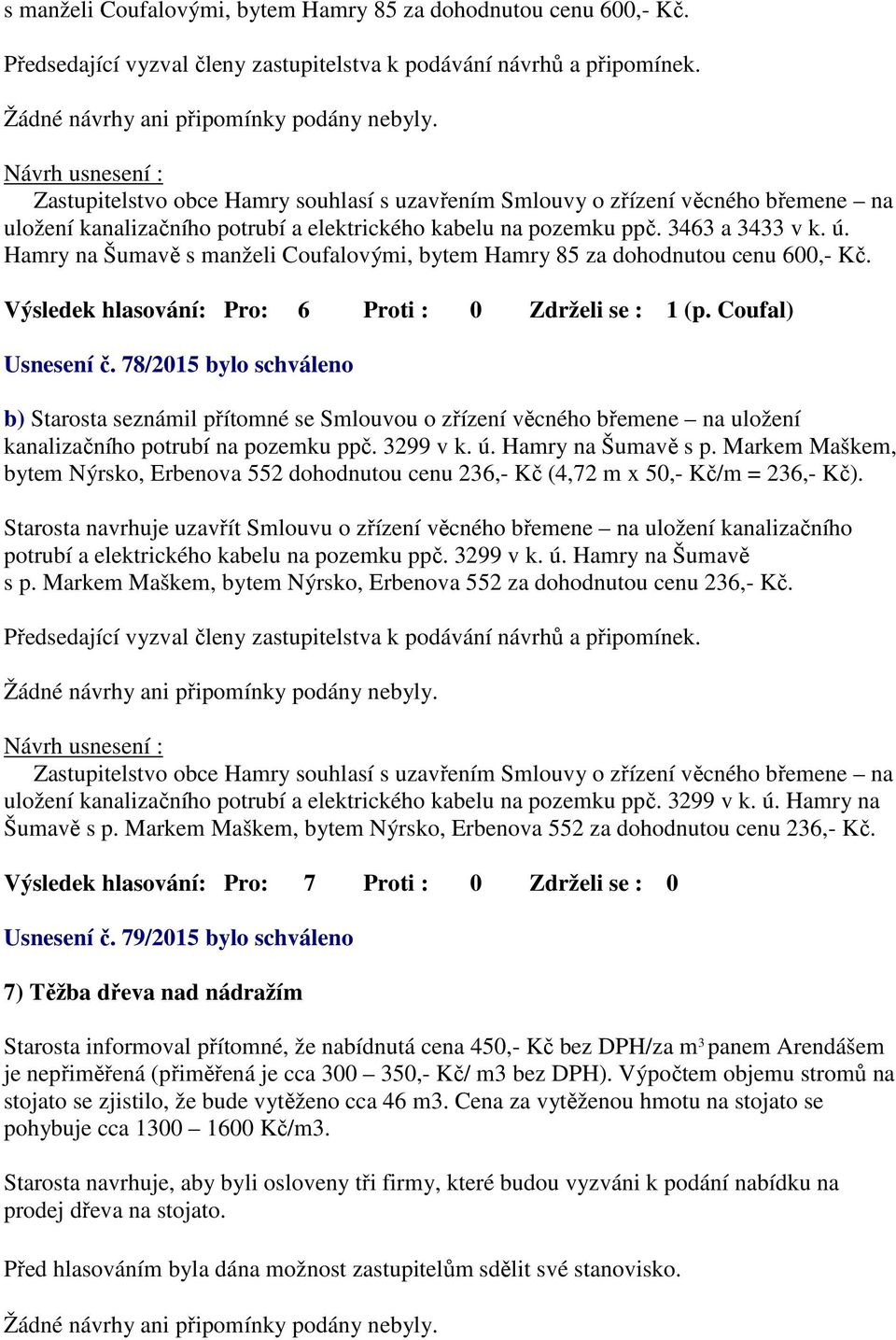 Hamry na Šumavě  Výsledek hlasování: Pro: 6 Proti : 0 Zdrželi se : 1 (p. Coufal) Usnesení č.