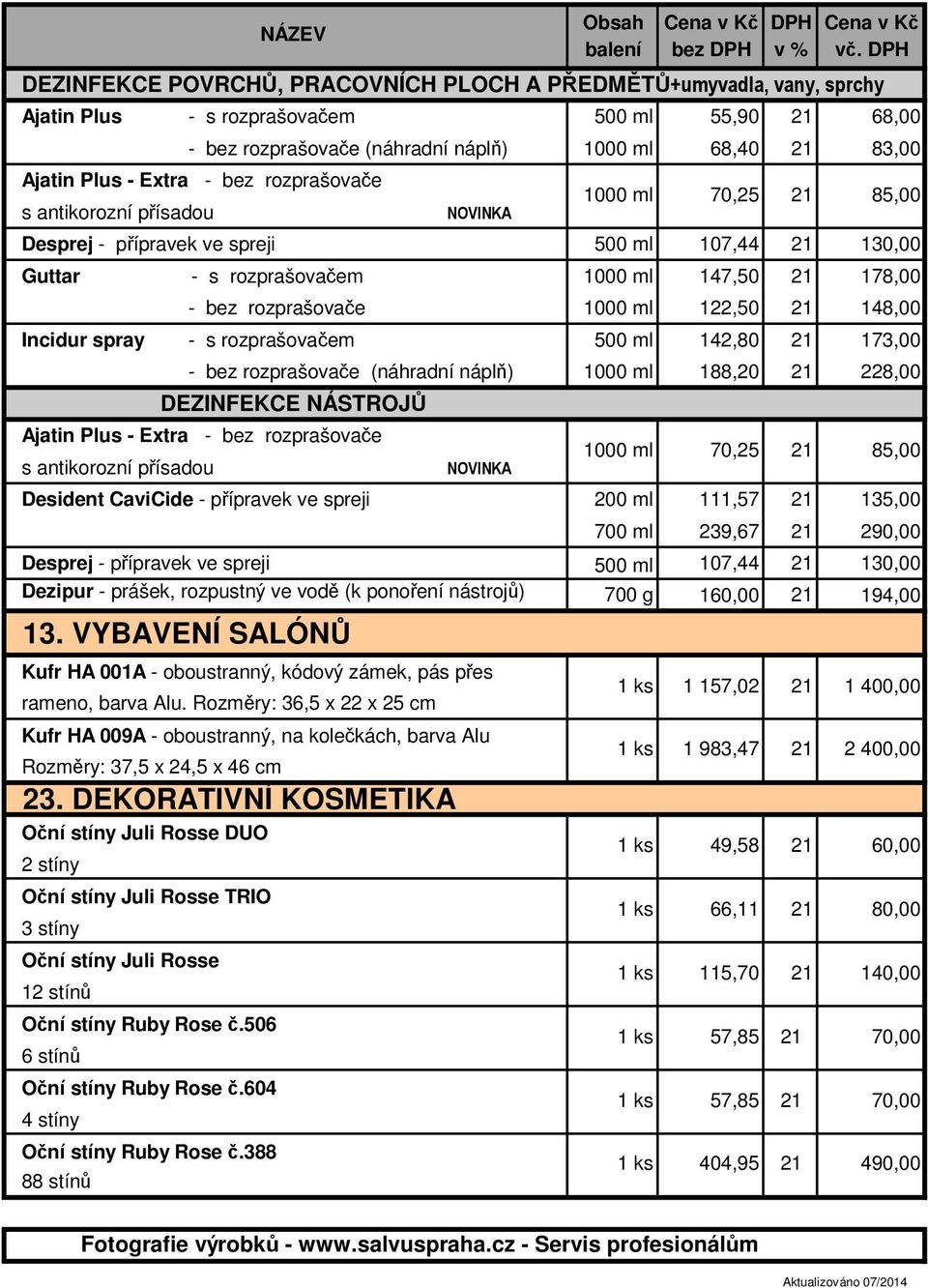 spray - s rozprašovačem 500 ml 142,80 173,00 - bez rozprašovače (náhradní náplň) 1000 ml 188,20 228,00 DEZINFEKCE NÁSTROJŮ Ajatin Plus - Extra - bez rozprašovače s antikorozní přísadou NOVINKA