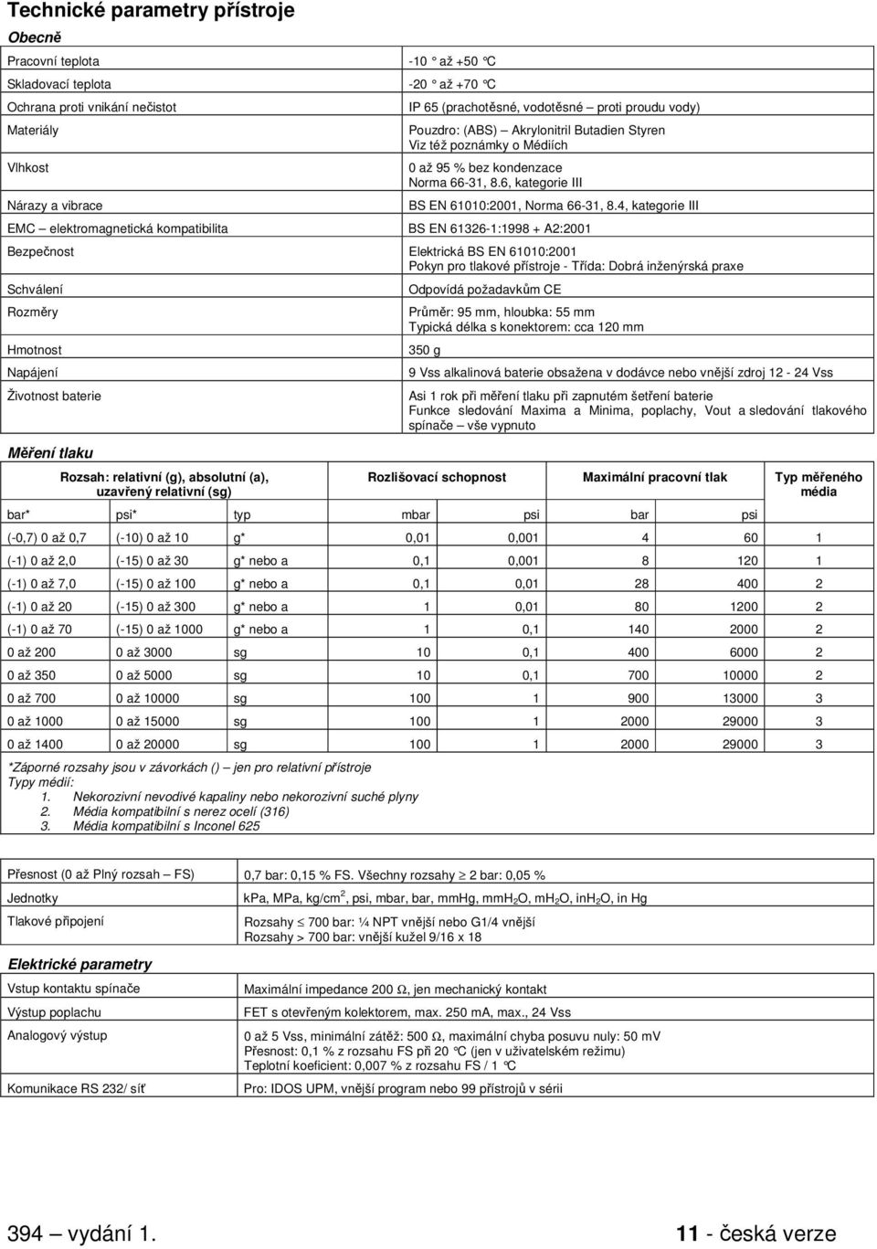 4, kategorie III EMC elektromagnetická kompatibilita BS EN 61326-1:1998 + A2:2001 Bezpečnost Elektrická BS EN 61010:2001 Pokyn pro tlakové přístroje - Třída: Dobrá inženýrská praxe Schválení Rozměry