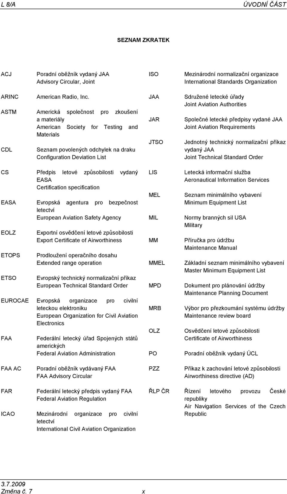 EASA Certification specification EASA Evropská agentura pro bezpečnost letectví European Aviation Safety Agency EOLZ ETOPS ETSO Exportní osvědčení letové způsobilosti Export Certificate of