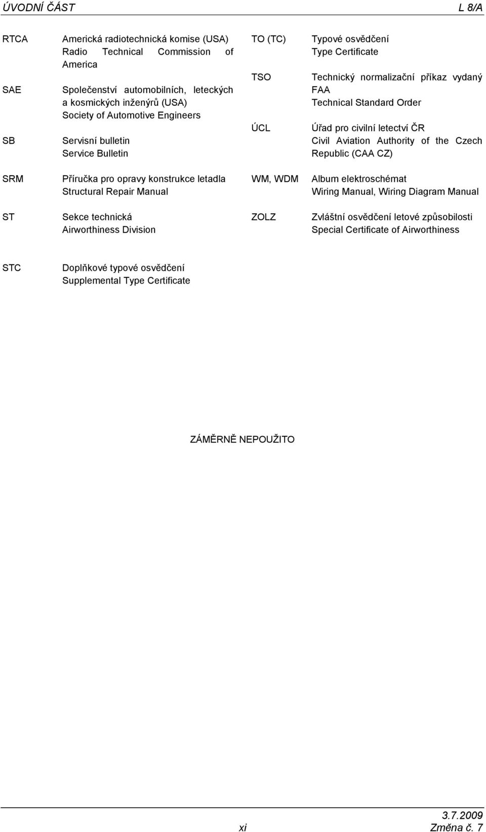 Aviation Authority of the Czech Republic (CAA CZ) SRM Příručka pro opravy konstrukce letadla Structural Repair Manual WM, WDM Album elektroschémat Wiring Manual, Wiring Diagram Manual ST Sekce