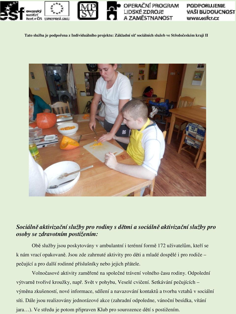 Jsou zde zahrnuté aktivity pro děti a mladé dospělé i pro rodiče pečující a pro další rodinné příslušníky nebo jejich přátele. Volnočasové aktivity zaměřené na společné trávení volného času rodiny.